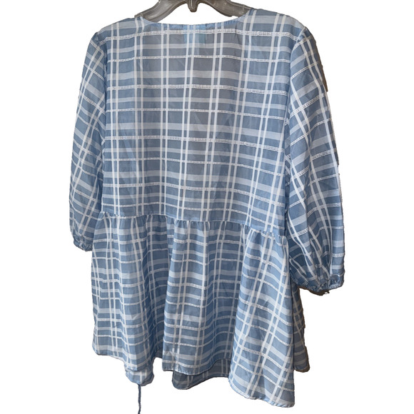Future Collective Gabriella Light Blue Gingham Check 3/4 leeve V-Neck Size 2x - Picture 6 of 11